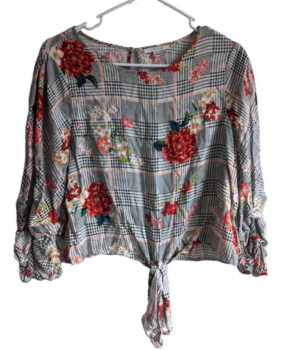 City Vibe Womens Floral Crop Top W/ Ties & Ruched Gathered 3/4 Sleeve Size M